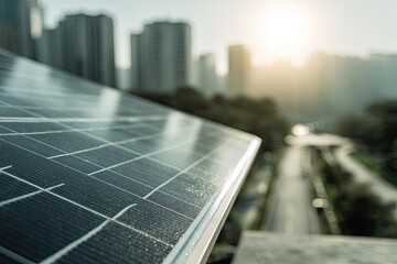 Fototapeta premium Close-up of solar panel atop building, city view