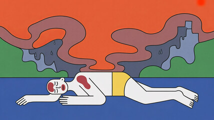 Fototapeta premium Polluted Waters: An abstract illustration portrays a swimmer immersed in contaminated water, amidst a backdrop of polluted sky and environmental ruin. Evoking themes of pollution, toxicity.