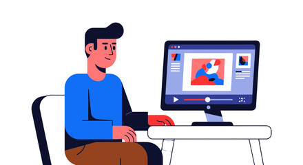 A Person Watches a Video Presentation on a Computer Screen in Modern Style