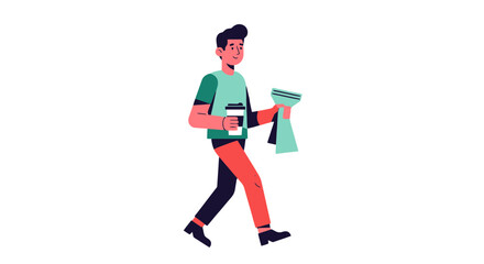 A Person Walking With Drink and Cleaning Supplies On Black Background