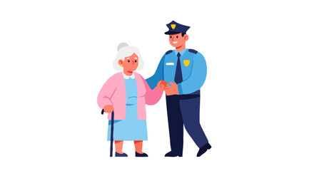 A Policeman Helping an Elderly Woman to Walk in a Friendly Manner