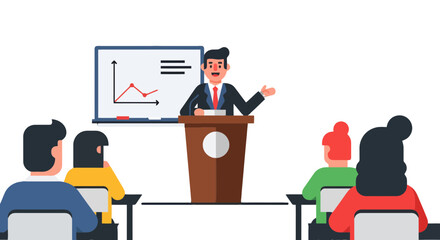 A Presentation At The Podium For An Audience Explaining Financial Market Growth