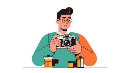 A Photographer Holding Camera with Film Rolls in Modern Minimalism Style Illustration