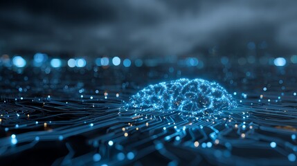 Obraz premium Futuristic glowing blue AI brain synapses firing on abstract digital circuit board network, representing artificial intelligence and data processing.