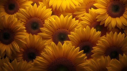 Close-up of a field of bright yellow sunflowers in full bloom, bathed in warm, golden sunlight, creating a beautiful and vibrant natural scene © impastudio