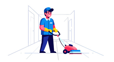 A Smiling Janitor Cleaning a Corridor with a Cleaning Machine in Isometric View