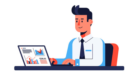 A Smiling Professional Man Analyzing Financial Data on His Laptop, Business Concept