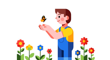 A Smiling Person Interacts With A Butterfly Amidst Colorful Flowers On Black Background