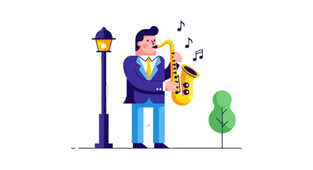 A Stylish Illustration Of A Saxophone Player Performing Music Outdoors