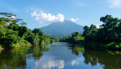 Majestic tropical landscape with lush green forest, flowing river, and distant mountain under bright blue sky, natural daylight, rich vibrant colors, high-resolution professional photography