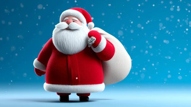 Animated Santa Claus character with a joyful expression, holding a large gift bag, surrounded by falling snowflakes, camera performs a smooth zoom in to emphasize festive cheer and holiday spirit