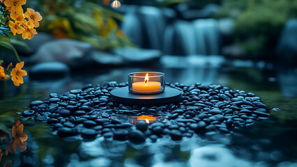 The image is a candle in a zen garden with running water and black stones. It could be used as a representation of wellness or meditation.