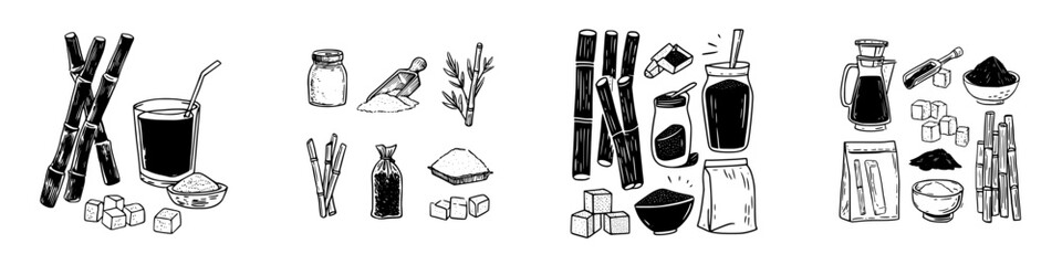 Hand drawn collection of sugarcane products and raw ingredients