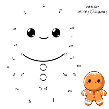 Connect The Dots and Draw Cute Gingerbread Man. Dot to dot puzzle - cartoon gingerman cookies. Merry Christmas. Educational Game for Kids. Drawing for Preschool children. Vector Illustration EPS8