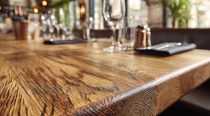 Close-up of a rustic wooden restaurant table,  with  glasses, cutlery, and napkins