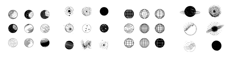 Abstract grunge globe and planet icons with sketchy textures