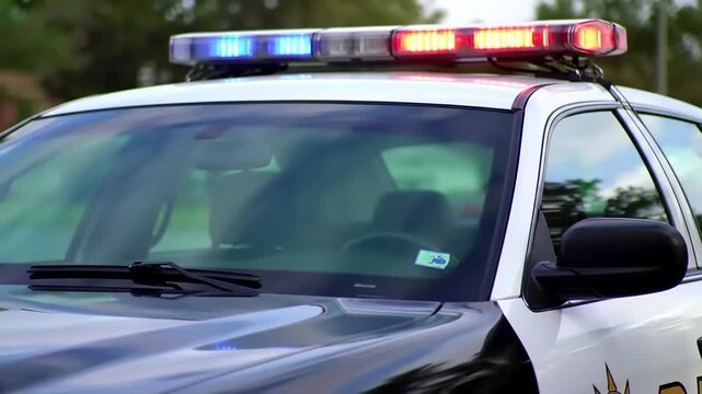 Police Car with Flashing Lights on Patrol, Law Enforcement Vehicle Responding to Emergency.