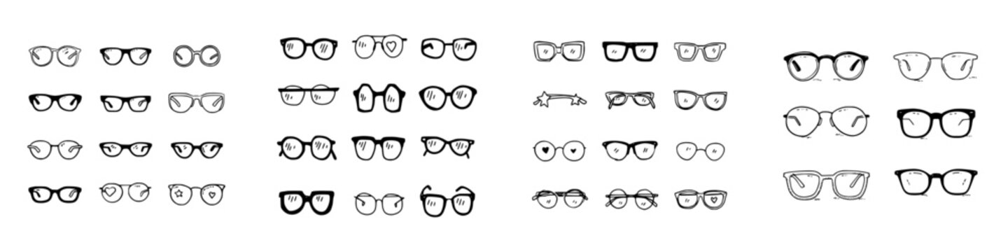 Collection of hand drawn eyeglasses and sunglasses icons in various styles