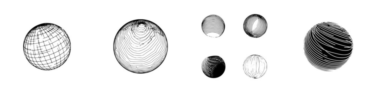 Collection of engraved style spheres with latitude and longitude lines