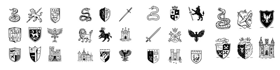 Medieval heraldry icons with animals, swords, shields, and castles