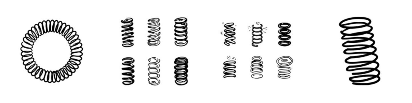 Hand drawn spiral springs and coiled hair tie icons collection