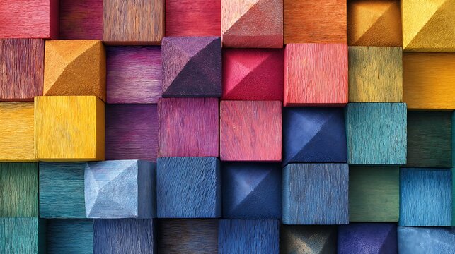 Colorful wooden blocks arranged in a mosaic pattern.