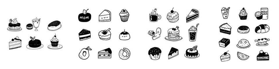 Cute hand drawn icons of assorted desserts and beverages