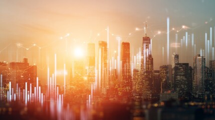 Futuristic sunset cityscape  financial indicators and data visualization over skyscrapers