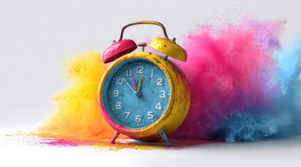 Vibrant clock amidst colorful powder explosion