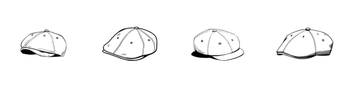 Set of four different styles of flat caps and baseball caps outline drawings