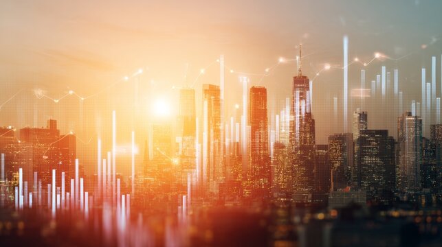 Futuristic sunset cityscape  financial indicators and data visualization over skyscrapers
