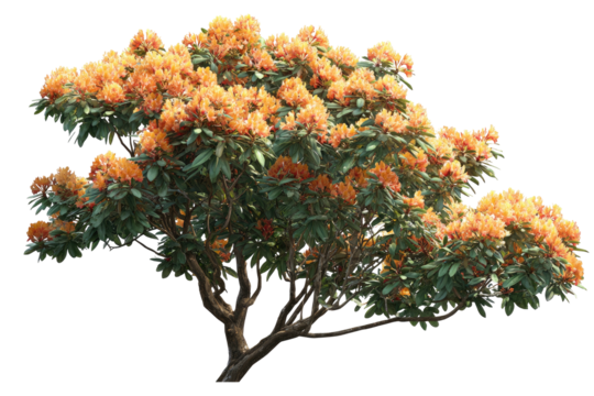 Lush tree with orange blossoms & green leaves on black