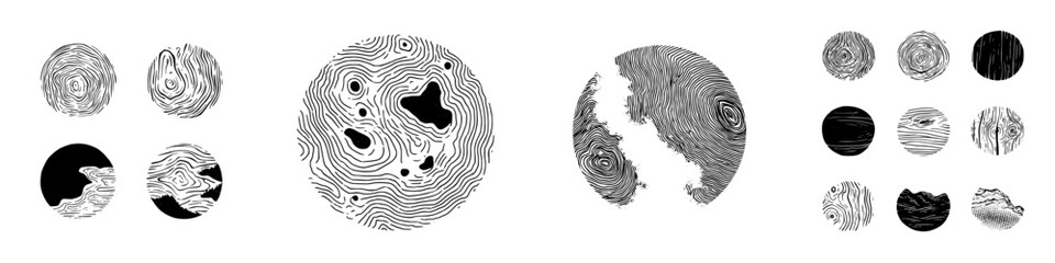Abstract circular textures resembling fingerprint and wood grain patterns