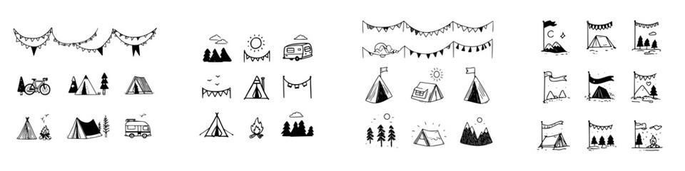 Hand drawn camping and outdoor adventure icons set with tents and flags