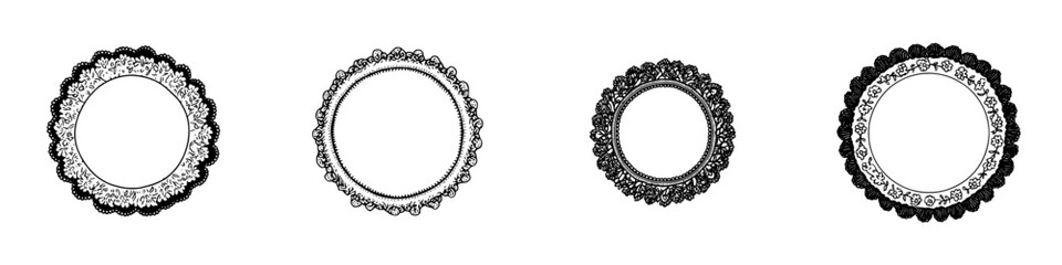 Four decorative black and white circular lace frames and borders set