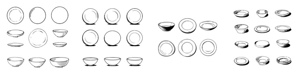 Various dishware and bowls in black and white outline style