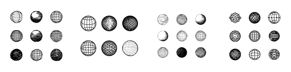 Hand drawn globe and sphere icons with various textures and line styles