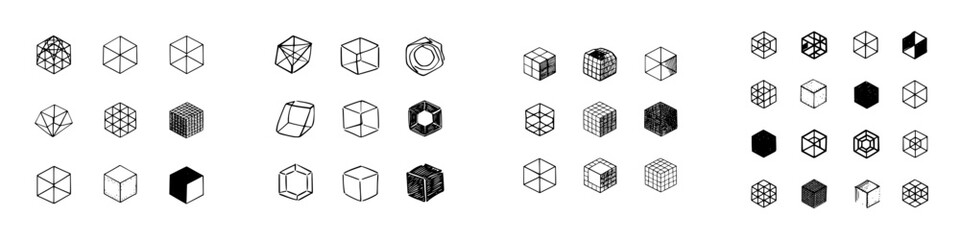 Geometric cube and hexahedron icons in various artistic styles