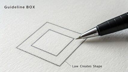 Pen resting beside a hand-drawn guideline box illustrating the concept of law influencing design and creativity in artistic processes