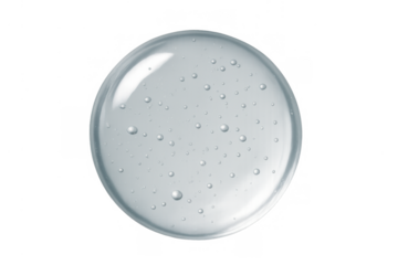 Clear cosmetic gel drop with air bubbles, hydrating serum texture on transparent background
