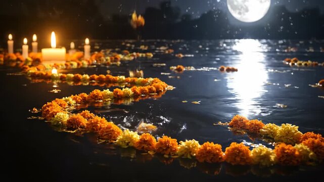 Illuminated Marigold Garlands and Diyas Floating on the Ganga River at Night during Hindu Festival Celebration
