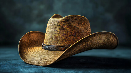 A rustic brown cowboy hat. Its worn texture and leather band suggests traditional craftsmanship, suitable for a western theme.