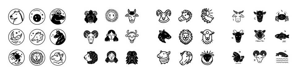 Obraz premium Stylized black and white icons of zodiac signs and various animals