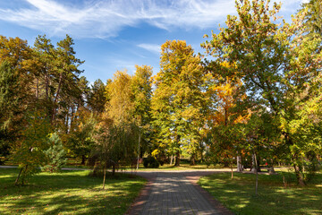 City park in Banja Koviljaca on a bright autumn day, Serbia