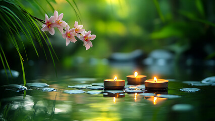 Floating candles evoke serenity, perfect for a moment of relaxation.