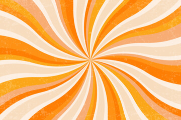 Retro sun background with pattern of groovy radial rays. Textured carnival summer psychedelic bg. Abstract 70s wavy striped orange grunge poster.
