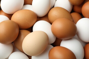 Many raw chicken eggs as background, closeup