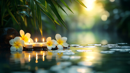 Three candles rest on smooth rocks, with tropical flowers and greenery, half-submerged in shimmering water. 