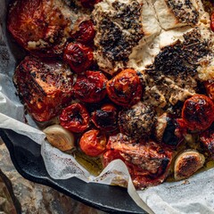 A delicious dish featuring roasted tomatoes and cheese, seasoned and baked to perfection in a cast iron skillet. Ideal for a hearty meal.