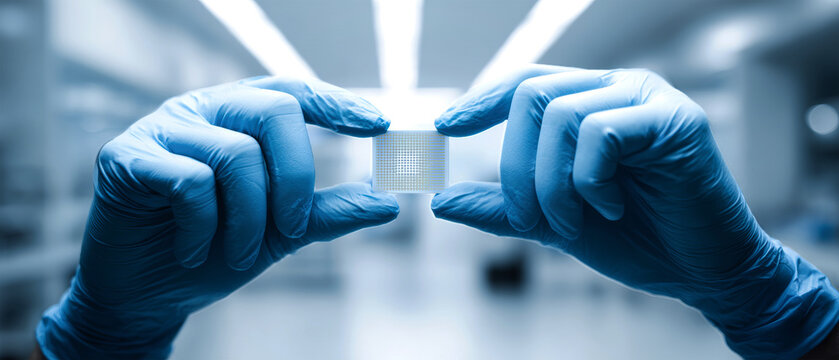 Engineer demonstrates innovative chip technology in a lab setting during daylight hours